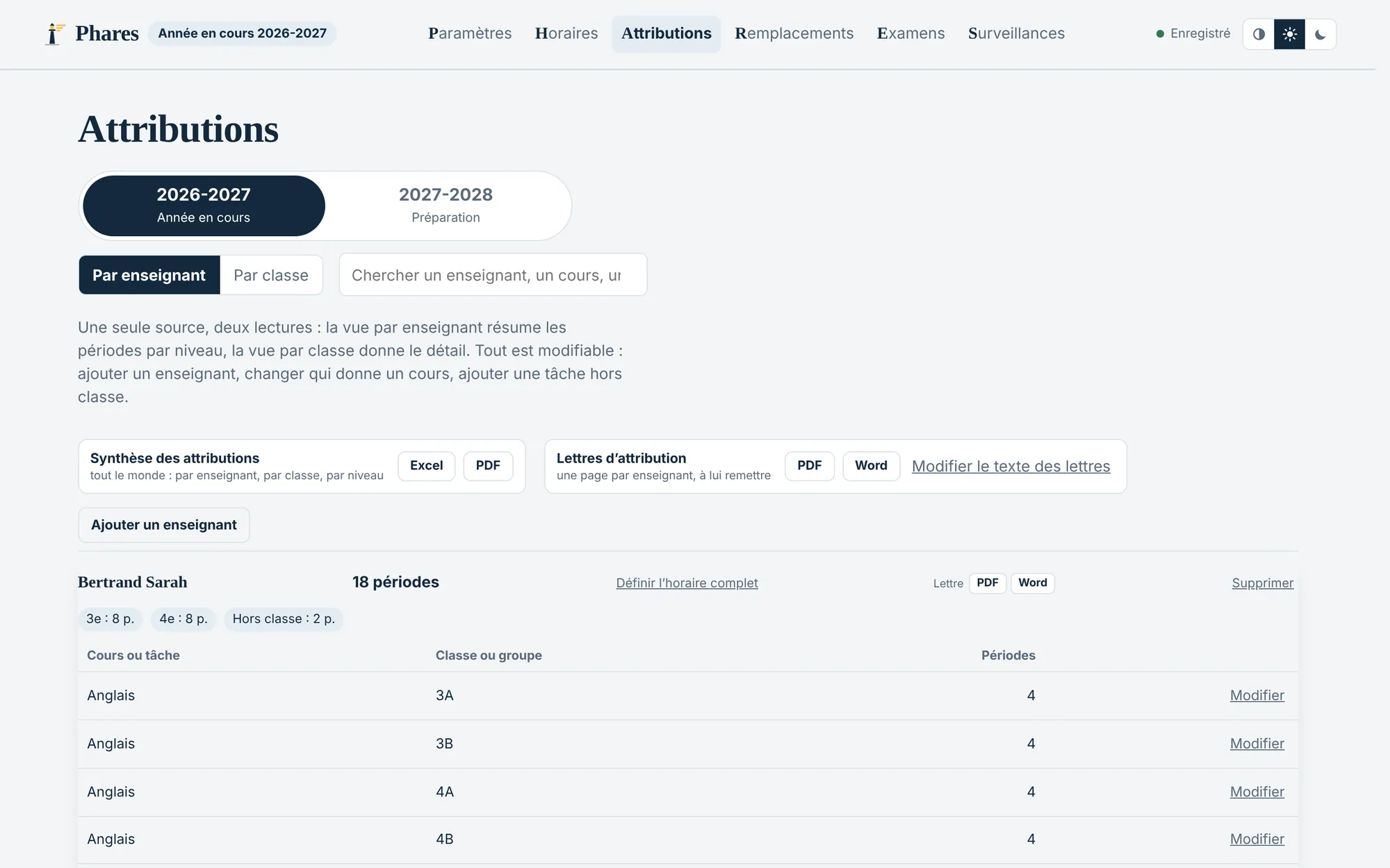 Les attributions de l’année en cours, enseignant par enseignant.