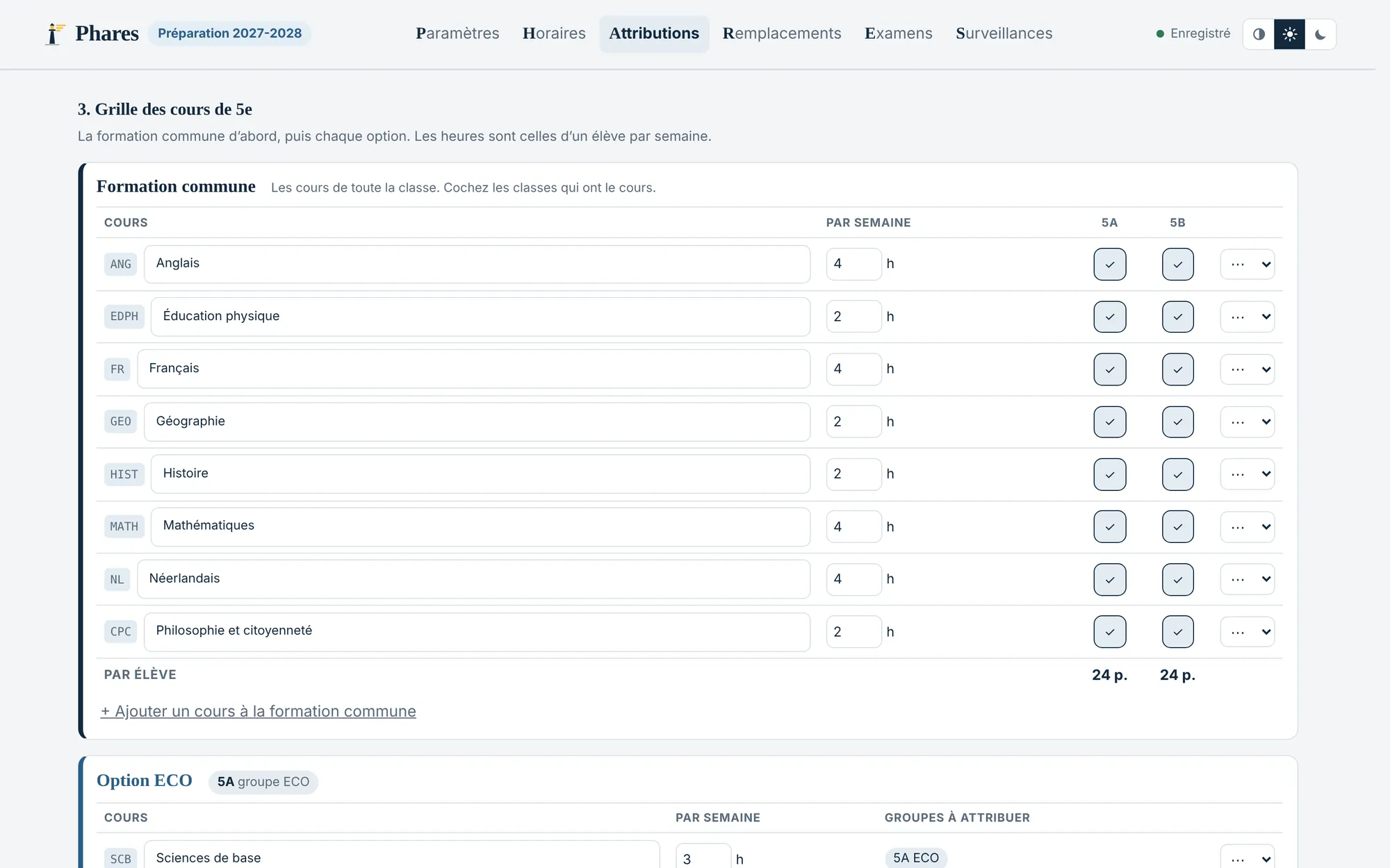 La grille des cours de 5e pour l’année suivante : formation commune et options.